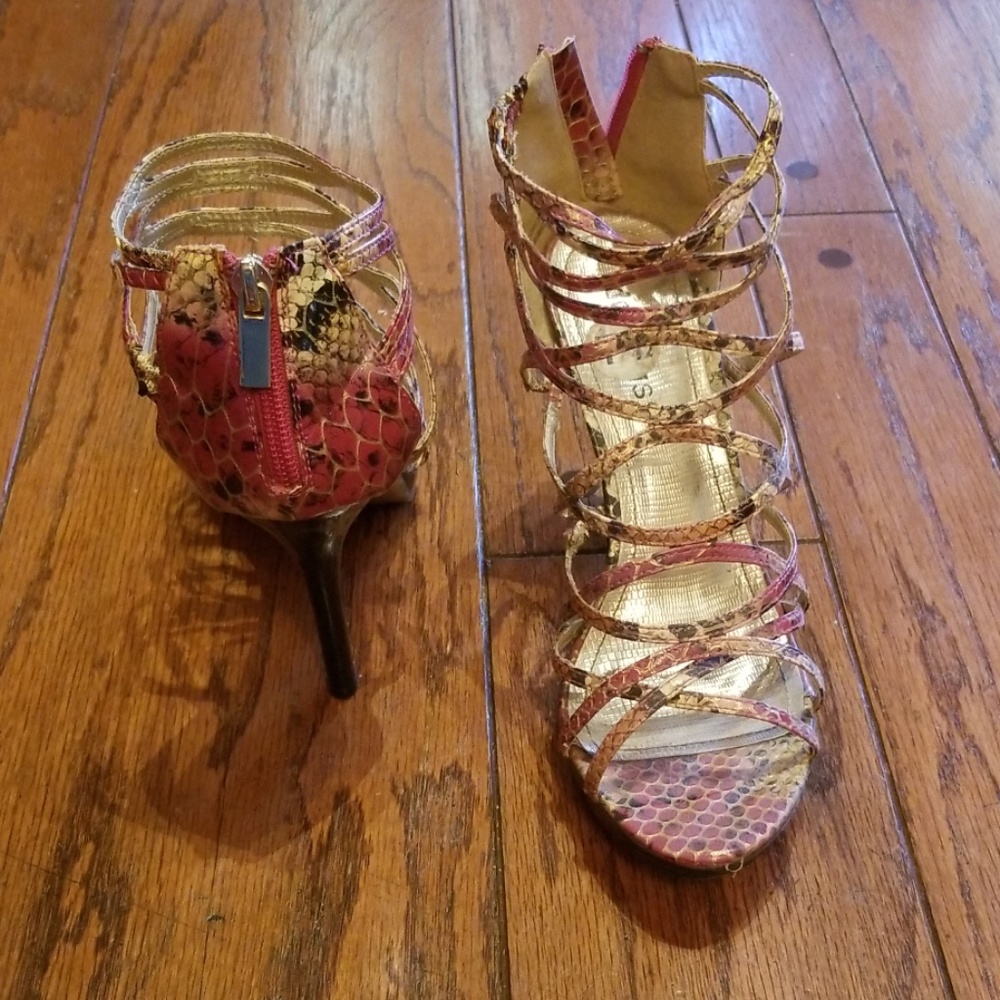 Pink snakeskin high heel strappy sandal
